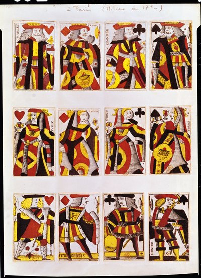 Re, Regina e Fante che giocano a carte (incisione colorata su legno) da French School