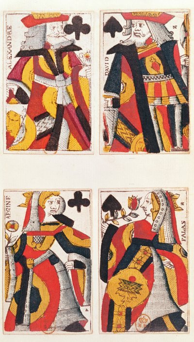 Re e Regina che giocano a carte (incisione colorata su legno) da French School