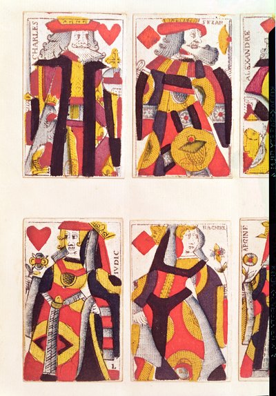 Re e Regina che giocano a carte (incisione colorata su legno) da French School