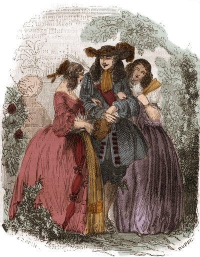 Re di Francia Luigi XIV (1638-1715) con Ortensia Mancini (1646-1699) e sua sorella Maria Mancini (1639-1715). Nipoti di Mazzarino. Incisione del XIX secolo. da French School