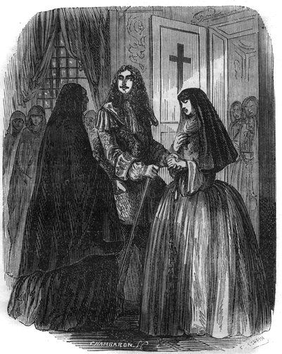 Re di Francia Luigi XIV (1638-1715) con Louise Françoise de la Vallière (1644-1710). Incisione del XIX secolo. da French School