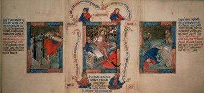 La Resurrezione, Sansone che abbatte le porte di Gaza, Giona che scappa dalla balena, dalla Biblia Pauperum, inizio XV secolo da French School