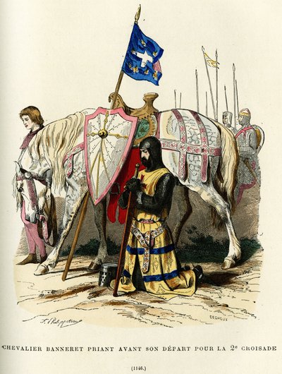 Cavaliere banneret (titolo nobiliare che dà il diritto di portare una bandiera) che prega prima della sua partenza per la seconda crociata (1147-1149). Incisione a colori, in “France et les francais a travers les siecles” di Augustin Challamel, F.Roy edito da French School