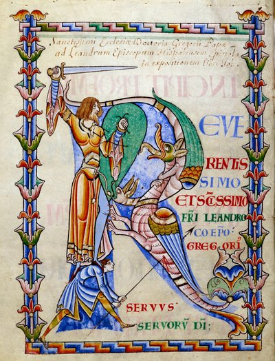 Cavaliere che combatte il drago - lettrine R (iniziale), Miniatura dal manoscritto "Moralia in Job", Morales sur Job di San Gregorio, dall