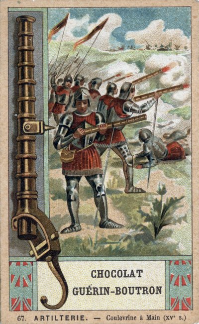 Cavaliere che manovra una coulevrine a mano del XV secolo. Cromolitografia del XIX secolo dei cioccolati Guérin-Boutron. da French School
