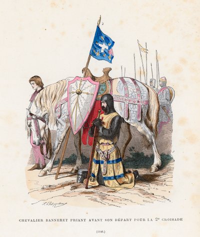 Cavaliere che prega prima di partire per la Seconda Crociata da French School