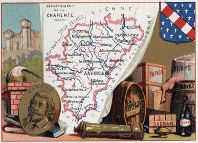 La Charente, Poitou-Charentes, Francia. Ritratto di Honoré de Balzac. Specialità locale: brandy, zafferano, carta, fogli, olio. Serie sui dipartimenti francesi. da French School