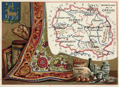 La Creuse (23), Le Limousin, Francia. Castagne, patate e sanguisughe. Serie sui dipartimenti francesi. Cromolitografia, circa 1920. Collezione privata. da French School