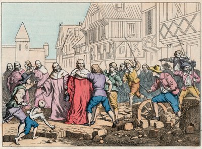 La Fronda (27 agosto 1648) - barricate a Parigi: un ragazzo rotore minaccia il Presidente del Parlamento, Mathieu Molé (1584-1656) - Presidente Molé maltrattato dagli insorti - incisione della fine del XIX secolo in 