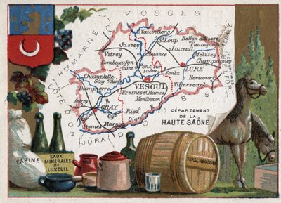 La Haute-Saone, Franca Contea, Francia. Farina, acque minerali di Luxeuil, kirschwasser. Serie sui Dipartimenti Francesi. Cromolitografia 