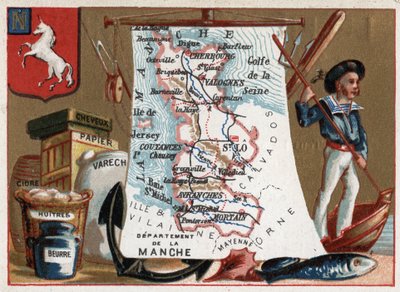 La Manche (50), Bassa Normandia, Francia. Specialità locale: pesche e ostriche, sidro e carta. Serie sui Dipartimenti Francesi. Cromolitografia "il filo geografico", circa 1920. Collezione privata da French School