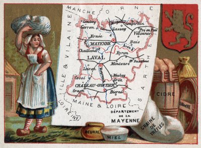 La Mayenne, Paesi della Loira, Francia. Contadino, burro, miele, semi di trifoglio, sidro e brandy. Serie sui Dipartimenti Francesi. Cromolitografia 