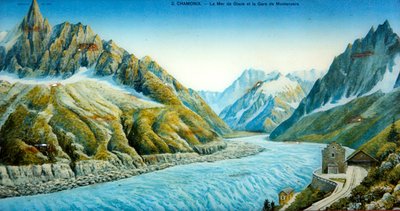 La Mer du Glace, Aiguille du Dru e stazione di Montanvers, c.1900 da French School