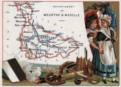 La Meurthe et Moselle (Meurthe-Et-Moselle, 54), Lorena, Francia. Ritratto di due donne rivoluzionarie. Serie sui Dipartimenti Francesi. Cromolitografia "il filo geografico", circa 1920. Collezione privata da French School
