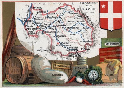 La Savoie (73), Rodano Alpi (Rhone-Alpes), Francia. Serie sui Dipartimenti Francesi. Specialità locale: olio di noce, vino, cereali, kirschwasser (kirsch), formaggio, garza di Chambéry e cuoio. Cromolitografia "il filo geografico", circa 1920. Collezione p da French School