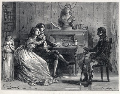 Il Terrore durante la Rivoluzione Francese: Camille Desmoulins (1760-1794), imprigionato, riceve la visita della moglie Lucile (1770-1794) e del maresciallo Guillaume Brune (1763-1815) da French School