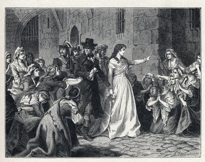La Terreur durante la Rivoluzione francese: Madame Jeanne Marie Roland de la Platiere (1754-1793) lascia la prigione della Conciergerie per andare davanti al Tribunale Rivoluzionario nel 1793. I suoi codetenuti si inginocchiano al suo passaggio. da French School