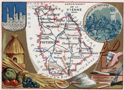 La Vienne (86), Poitou-Charentes, Francia. Semi, coltelleria e calzetteria di Chatellerault. Serie sui dipartimenti francesi. Cromolitografia, circa 1920. Collezione privata. da French School