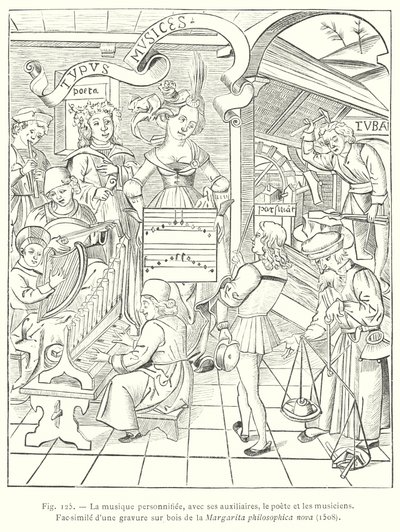 La musica personificata, con i suoi ausiliari, il poeta e i musicisti (incisione) da French School