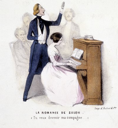 La romance de salon: uomo canta accompagnato al pianoforte da una donna, c. 1845 da French School
