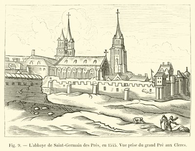 Abbazia di Saint-Germain des Pres, nel 1545, vista dal grande Pre aux Clercs da French School