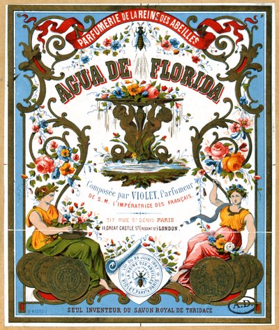 Etichetta pubblicitaria del profumo Aqua de Florida dal negozio di profumi La Reine des Abeilles, Parigi, seconda metà del XIX secolo da French School
