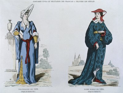 Dama nel 1498 sotto il regno di Carlo VIII (1470-98), nobile nel 1395 sotto il regno di Carlo VI (1380-1422), da Costumes civils et militaires des francais a travers les siecles da French School