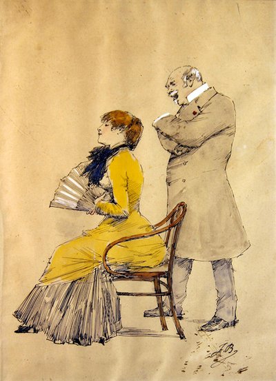 Signora con ventaglio e gentiluomo da French School