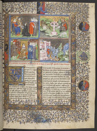 Miniature tra cui dettaglio di cavalieri con elmi con visiere su un ponte levatoio che difendono una città da cavalieri attaccanti con lance, c.1415-20 da French School