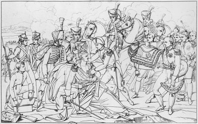 Ultimi momenti del Maresciallo Lannes, Duca di Montebello, nella battaglia di Essling il 22 maggio 1809, da un dipinto di Albert Paul Bourgeois, Salone del 1810 da French School