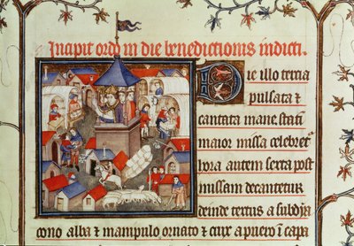 Miniatura di un vescovo che benedice la fiera annuale o il mercato tenuto per due settimane a giugno sulle pianure di St. Denis, da un pontificale, 1301-1400 da French School