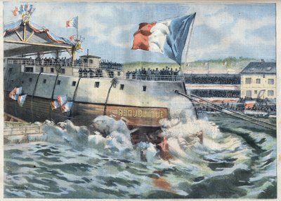 Varo della corazzata "Republique" a Brest, Francia. Incisione in "Le Petro Parisien" da French School