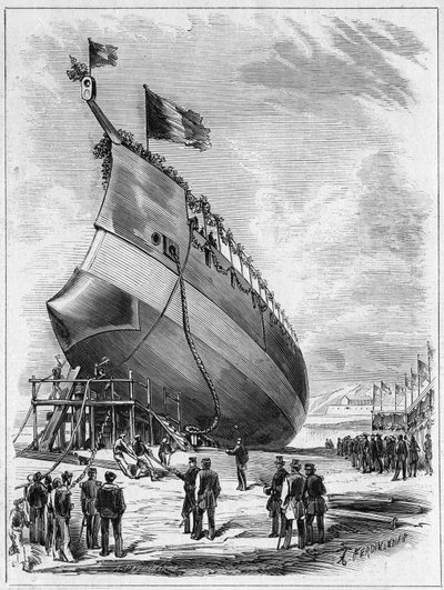Varo della nave corazzata "La Galissonniere", 7 maggio 1872 nel porto di Brest, Finistère (29). Incisione in "Le Monde Illustré" n. 789 del 25 maggio 1872 da French School