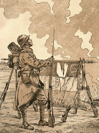 Le Bleuet. Simbolo di memoria e solidarietà in Francia, per i veterani e le vittime della prima guerra mondiale. Illustrazione di propaganda francese della prima guerra mondiale che evoca le vittorie francesi attraverso i secoli. Da Agenda Buvard du Bon Ma da French School
