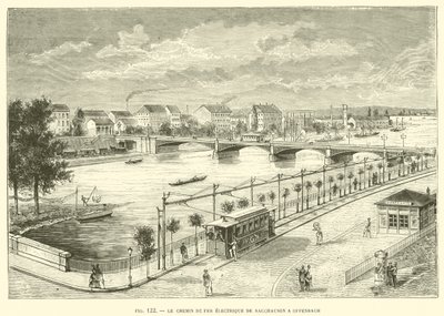 La Ferrovia Elettrica da Sacchausen a Offenbach (incisione) da French School