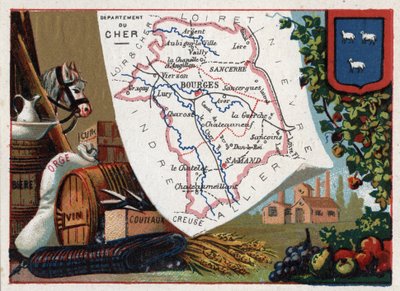 Le Cher (18), Centro, Francia. Serie sui Dipartimenti Francesi. Birra, orzo, cuoio, vino e coltelli. Cromolitografia "il filo geografico", circa 1920. Collezione privata da French School