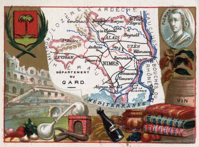 Le Gard (30), Linguadoca-Rossiglione (Languedoc Roussillon), Francia - Specialità locale: acquavite (apparato di distillazione) e vino - Ritratto di Jean-Pierre-Claris (Jean Pierre Claris) de Florian (1755-1794) - Serie sui dipartimenti francesi - Cromolit da French School