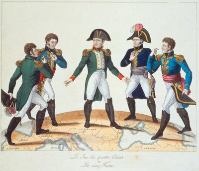 Le Jeu des Quatre Coins ou Les Cinq Freres, caricatura bonapartista che raffigura Napoleone e i suoi fratelli, 1808 da French School
