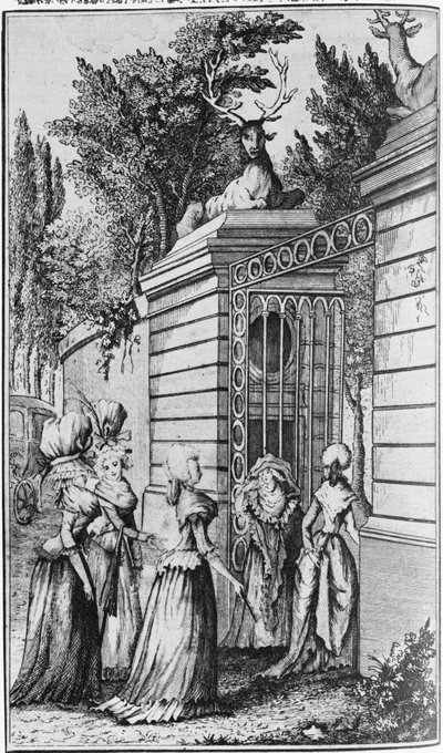 Le Parc aux Cerfs, il cancello del rifugio reale di Luigi XV (1710-74), gestito da Madame de Pompadour (1721-64) da French School