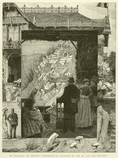 Il Padiglione delle Foreste, interno del padiglione e vista di uno dei diorami (incisione) da French School