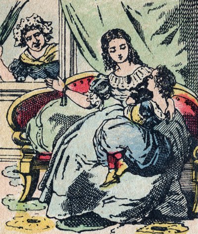 Le Père Fouettard, personaggio francese del padre frustatore, figura leggendaria del folklore che punisce i bambini cattivi: sua moglie, La Mère Fouettard, la madre frustatrice che non rimprovera i bambini saggi - Immagine di Epinal da French School