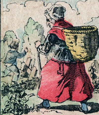 Le Père Fouettard, personaggio francese del padre frustatore, figura leggendaria del folklore che punisce i bambini cattivi: sua moglie, La Mère Fouettard, la madre frustatrice che insegue i bambini che saltano la scuola - Immagine di Epinal da French School