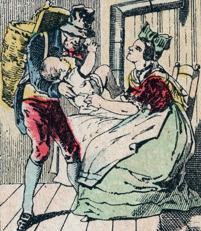 Le Père Fouettard, personaggio francese del padre frustatore, figura leggendaria del folklore che punisce i bambini cattivi e rinchiude i disobbedienti, immagine di Epinal XIX secolo (incisione) da French School