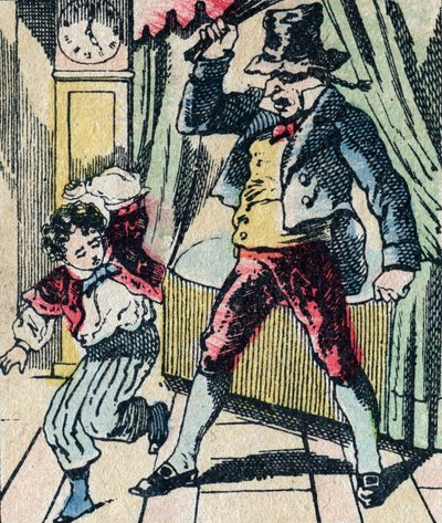Le Père Fouettard, personaggio leggendario del folklore, che punisce i bambini disobbedienti con la sua frusta, e rinchiude i bambini disobbedienti, immagine di Epinal da French School