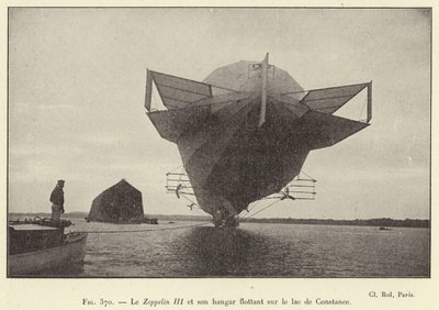 Il Zeppelin III e il suo hangar galleggiante sul lago di Costanza (incisione) da French School