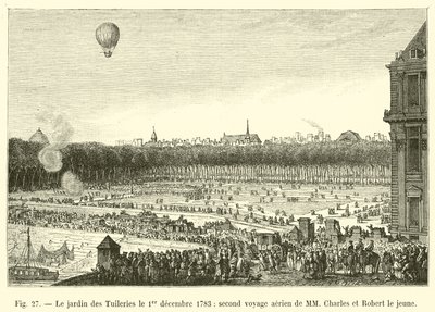 Il giardino delle Tuileries il 1° dicembre 1783, secondo viaggio aereo di MM. Charles e Robert il giovane da French School