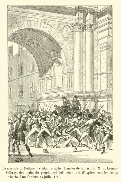 Il marchese di Pellepont cercando di strappare il maggiore della Bastiglia, M de Losme-Salbray, dalle mani del popolo, è lui stesso vicino a morire sotto i colpi di un furioso, 14 luglio 1789 da French School