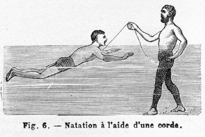 Imparare a nuotare usando una corda, incisione da French School