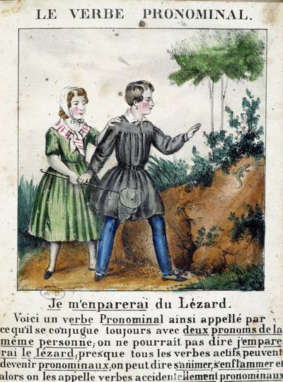 Lezione sui verbi pronominali. In "La grammaire en images", album di fogli, circa 1850 da French School
