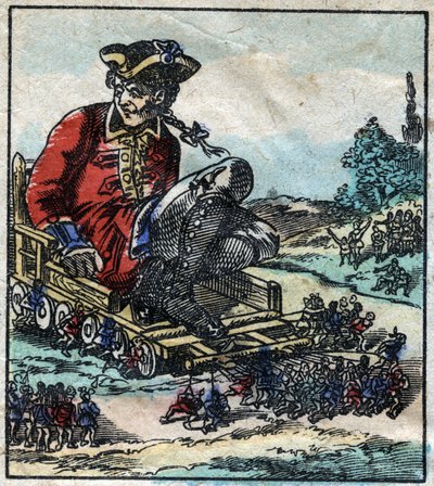 Lemuel Gulliver, prigioniero, viene trasportato su un carro trainato dai Lillipuziani. Illustrazione per "I viaggi di Gulliver" di Jonathan Swift (1667-1745). Imaging Epinal fine XIX secolo da French School